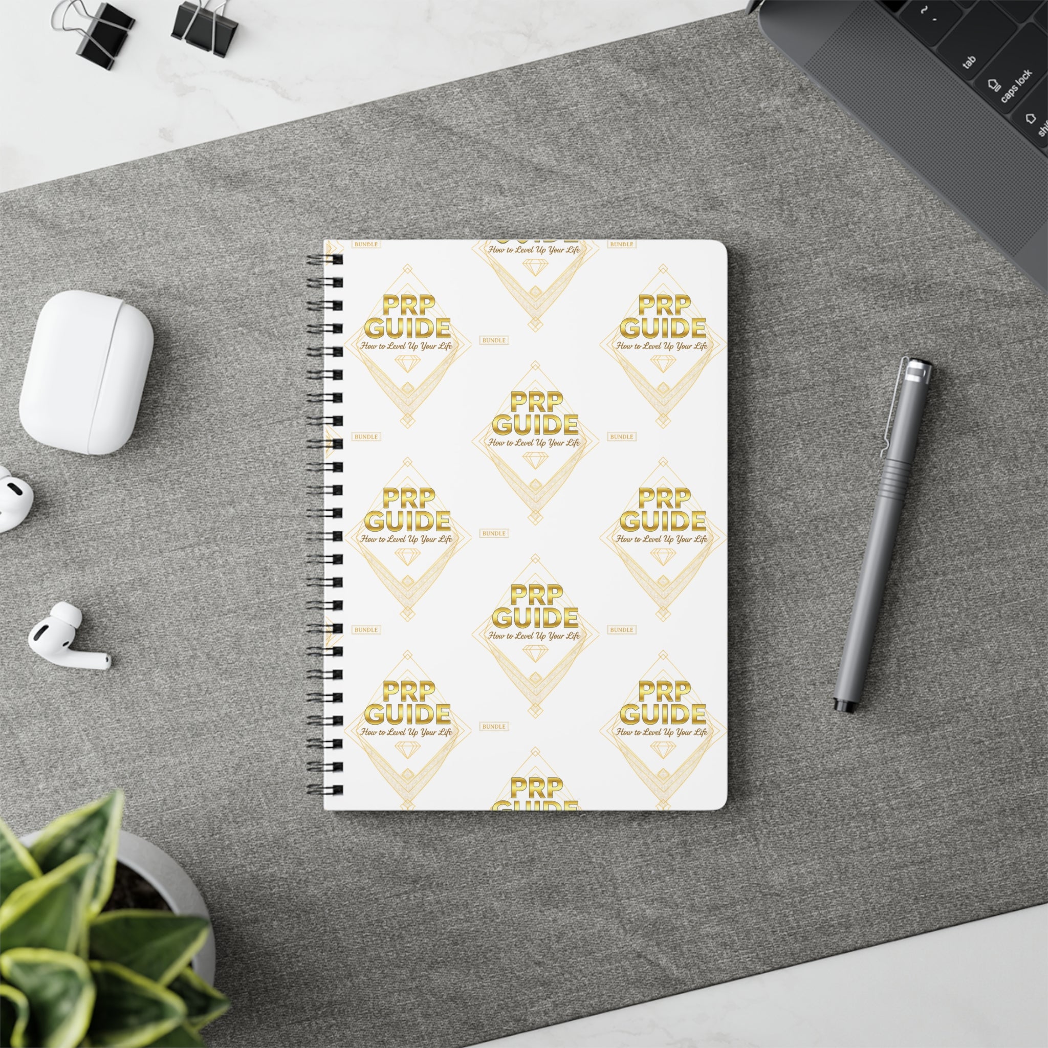 Level Up Pattern Spiral Journal | Gold Logo